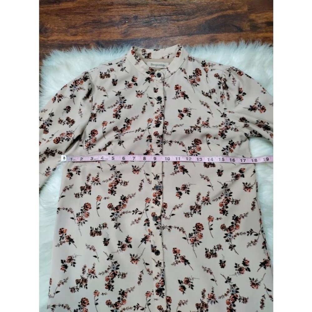 Begonia Puff Long Sleeve High Neck  Floral Print Hi-Low Dress Beige Womens Small - Picture 9 of 15